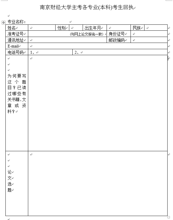 南京財經(jīng)大學(xué)主考各專業(yè)(本科)考生回執(zhí)表