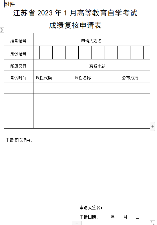 江蘇省2023年1月高等教育自學(xué)考試成績復(fù)核申請表.docx